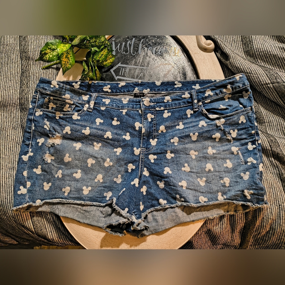 Disney Blue Denim Shorts with White Mickey Icon Print - Picture 1 of 8